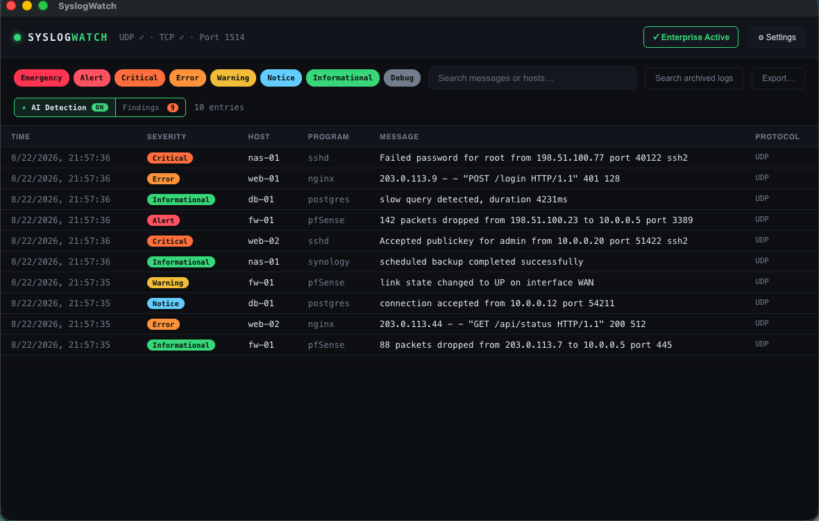 SyslogWatch live log table with Enterprise Active and AI Detection on, showing coloured severity rows from firewall, web, database and NAS hosts